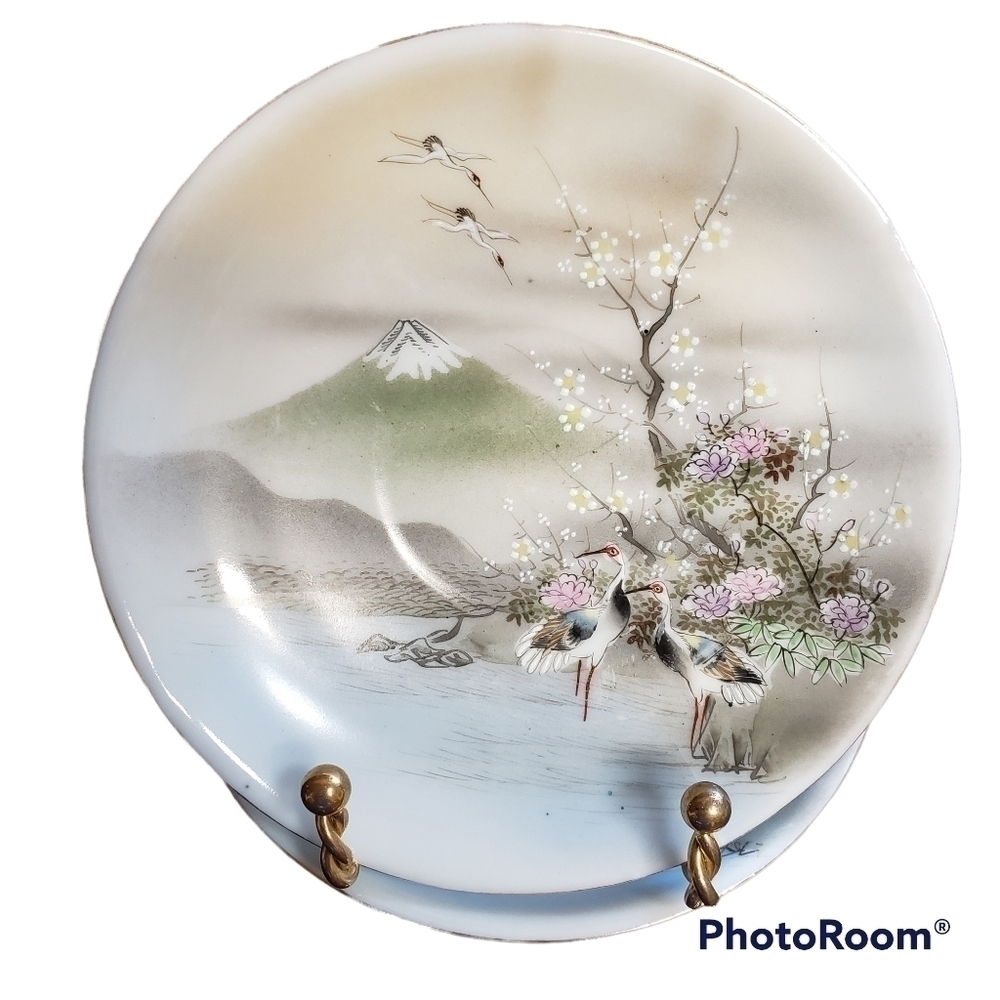 vintage Japanese Saucer Set Hand Painted Birds Cherry Blossom Moriage - Picture 2 of 8
